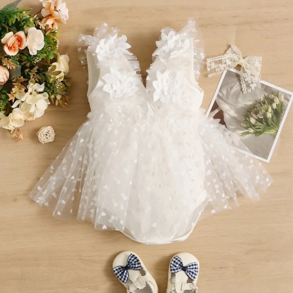 SHEIN White Heart Appliqué Tulle Baby Dress